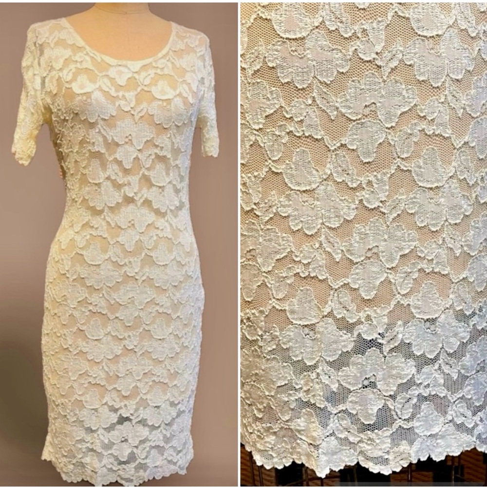 VINTAGE cream lace bodycon‎ form fitting stretchy mini dress Victorian cottage